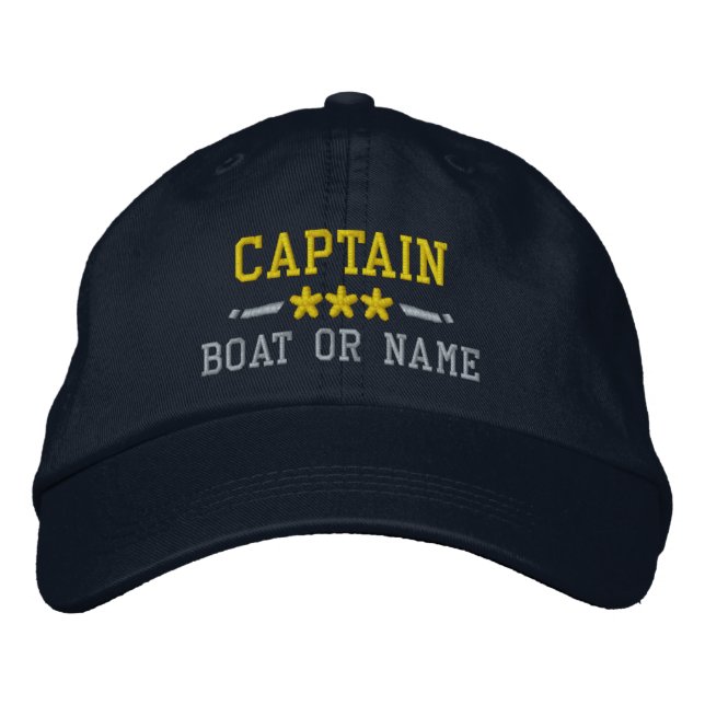 Captain Your Boat Name Nautical Stars Gold Silver Embroidered Hat (Front)
