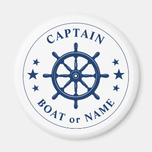 Captain Your Boat Name Ships Wheel Helm Navy White Magnet