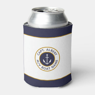 Captain Your Name White Blue Anchor Can Cooler