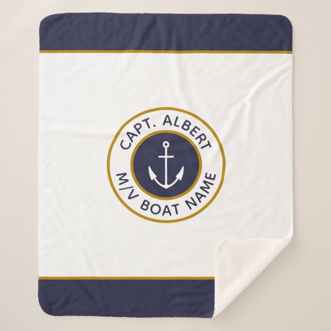 Captain Your Name White Blue Anchor Sherpa Blanket (Front)
