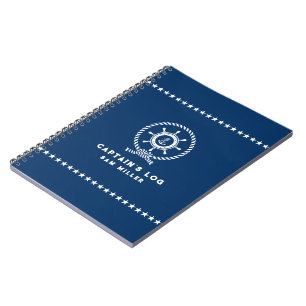 Captains Log Navy Blue White Nautical Boat Wheel  Notebook