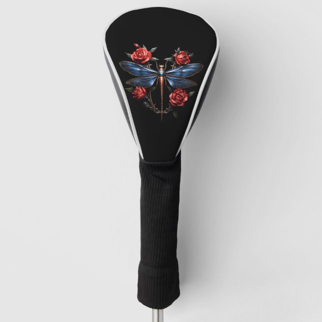 Captivating Art: Metallic Dragonfly with Red Roses Golf Head Cover (Front)