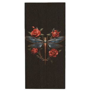 Captivating Art: Metallic Dragonfly with Red Roses Wood USB Flash Drive