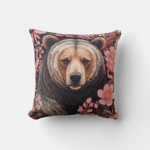 Captivating Brown Bear Gaze Pink Flowers Throw Pillow
