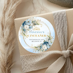Captivating Dusty Blue Gold Greenery Quinceañera  Classic Round Sticker