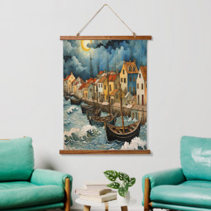 Captivating Fishermen Art in Stormy Sea Night  Hanging Tapestry