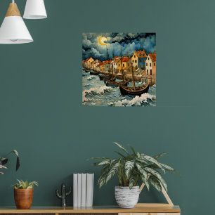 Captivating Fishermen Art in Stormy Sea Night Poster