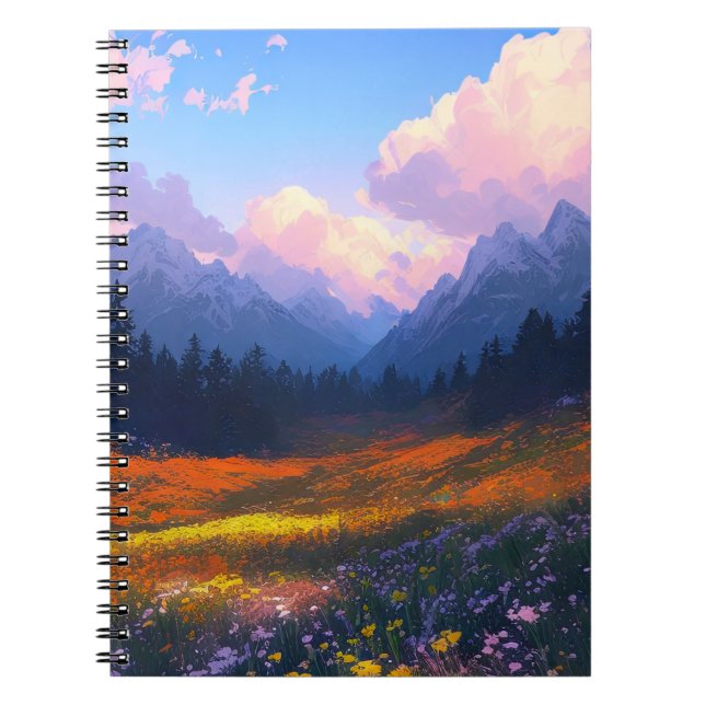 Captivating Valley with Vibrant Flowers Notebook (Front)