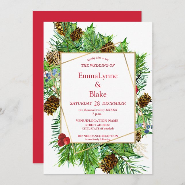 Captivating Watercolor Christmas Greenery Wedding  Invitation (Front/Back)