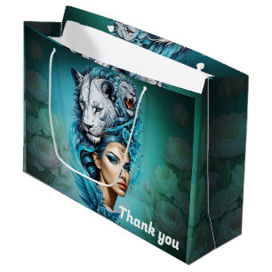 Captivating woman with a majestic lion's head, large gift bag