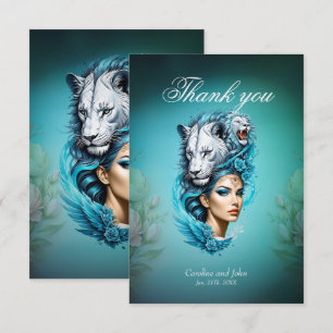 Captivating woman with a majestic lion's head, thank you card