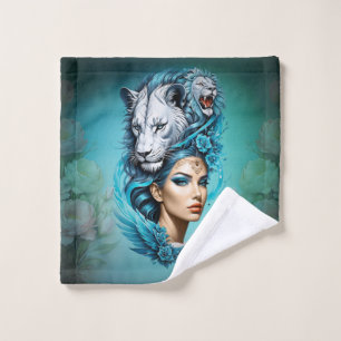 Captivating woman with a majestic lion's head,  wash cloth