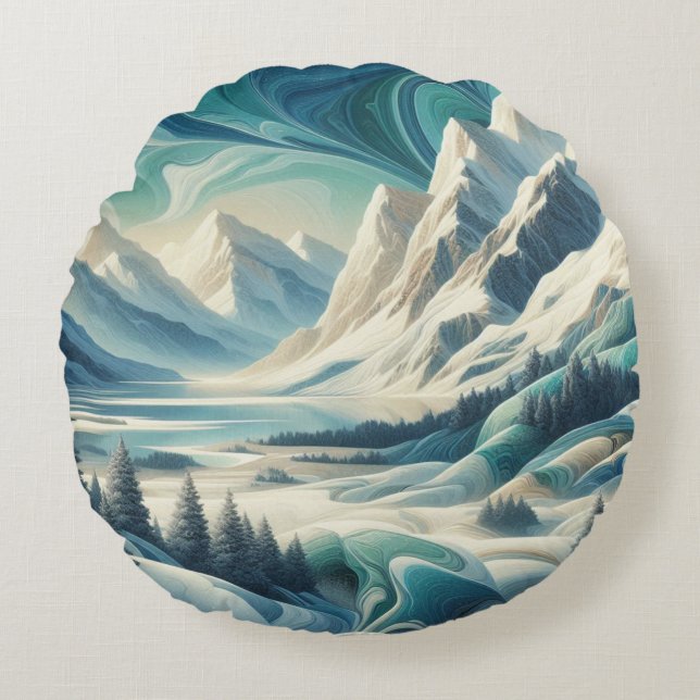 Capture Art Winter Scene & Snow and Ice Crystals Round Pillow (Front)