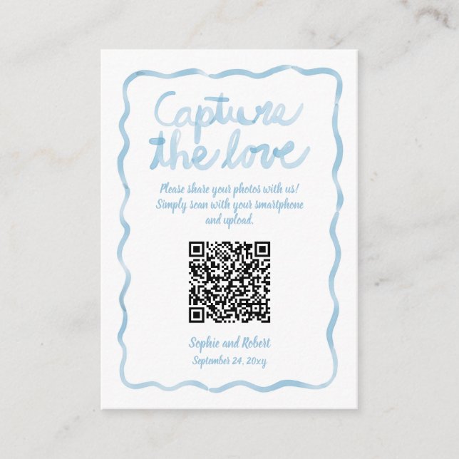 Capture Share Photos QR Code Wavy Blue Frame Enclosure Card (Front)