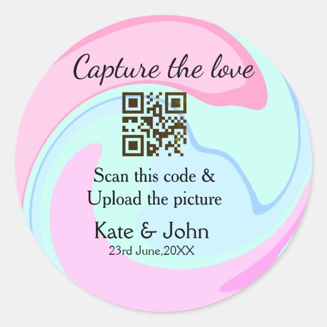 Capture the love add QR scan marble pink blue mix Classic Round Sticker (Front)