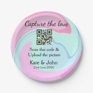 Capture the love add QR scan marble pink blue mix Paper Plate