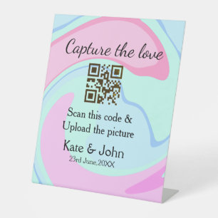 Capture the love add QR scan marble pink blue mix Pedestal Sign