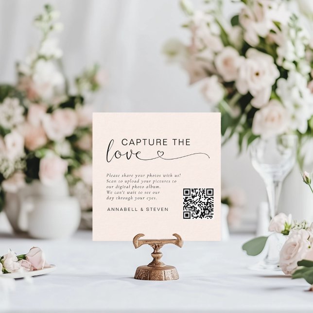 Capture the love! Custom QR-Code Wedding Enclosure Card (Capture the love! Photo, QR-Code, Wedding Table Card, Blush-Beige.)