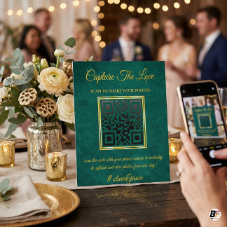 Capture The Love | Emerald Green & Gold Wedding QR Pedestal Sign