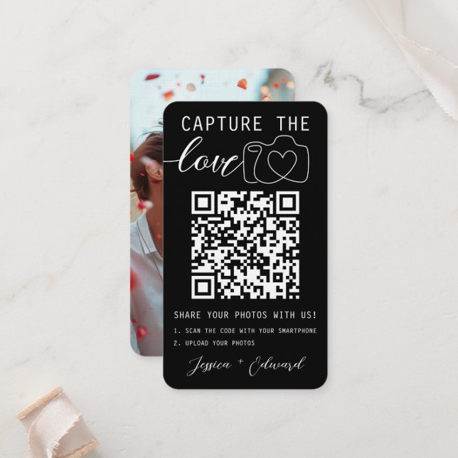 Capture The Love Qr Code Photo Black White Wedding Place Card (Front/Back In Situ)
