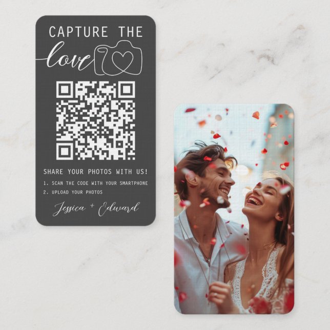 Capture The Love Qr Code Photo Grey White Wedding Place Card (Front/Back)
