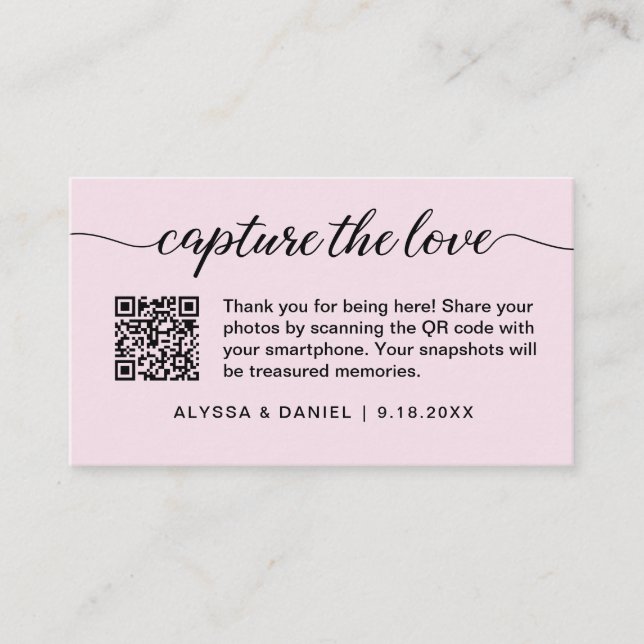 Capture the love QR code wedding photo share pink Enclosure Card (Front)