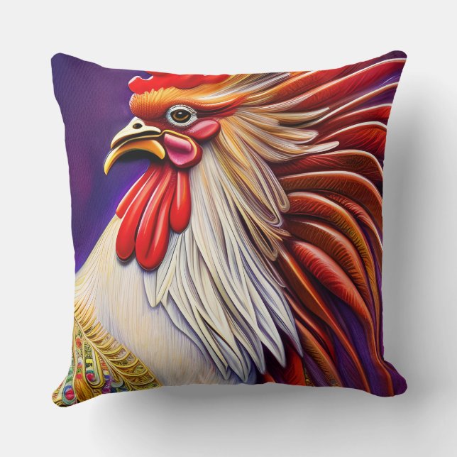 Capturing the Rooster's Elegance Throw Pillow (Back)