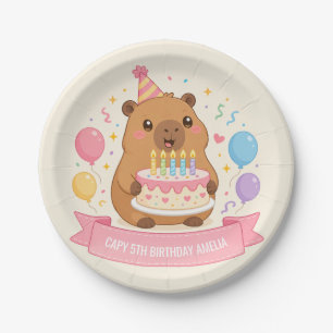 Capy 5th Birthday Cute Capybara Pink Ribbon Girl  Paper Plate