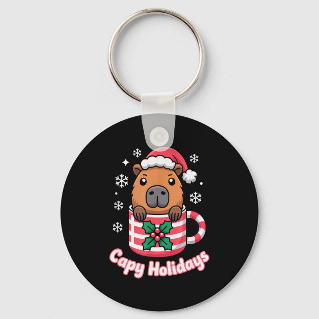 Capy Holidays Cute Capybara Christmas Santa Hat  Keychain (Front)