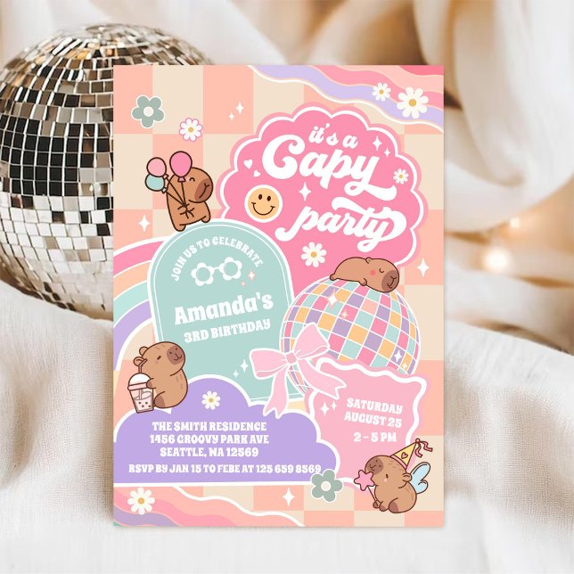 Capy Party Retro Groovy Daisy Birthday Invitation (Créateur téléchargé)
