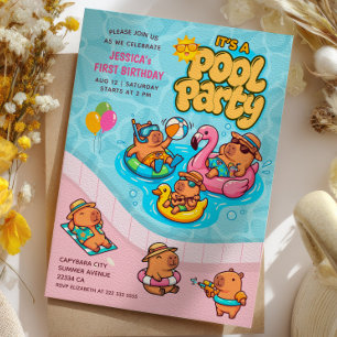 Capybara Animal 1st Birthday Summer Pool Party Invitation