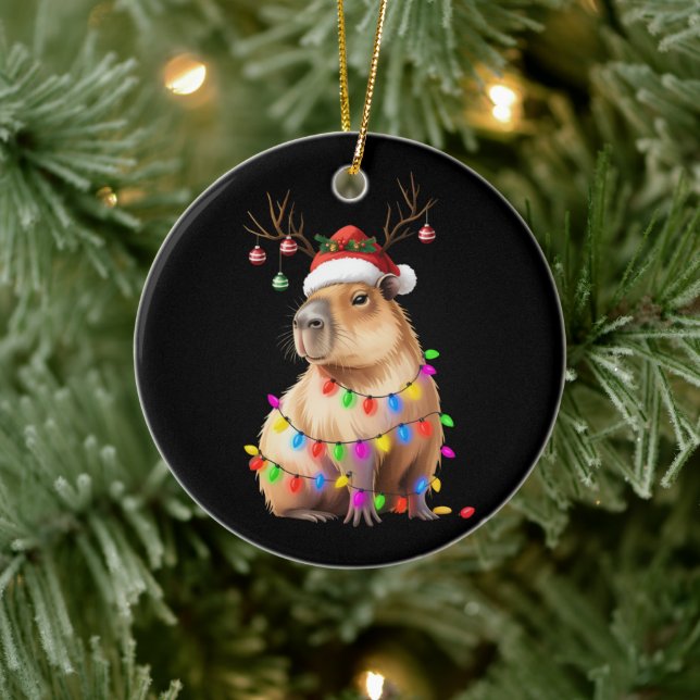Capybara Animal Lover Christmas Lights Cappy Xmas Ceramic Ornament (Tree)