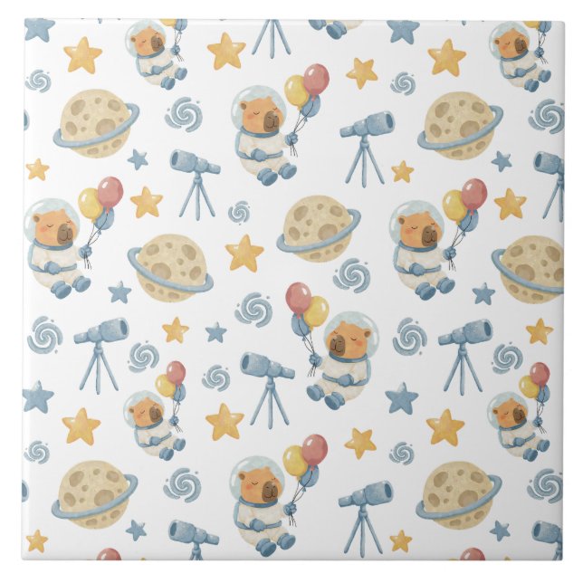 Capybara Astronaut Kids Pattern - Ceramic Tile (Front)