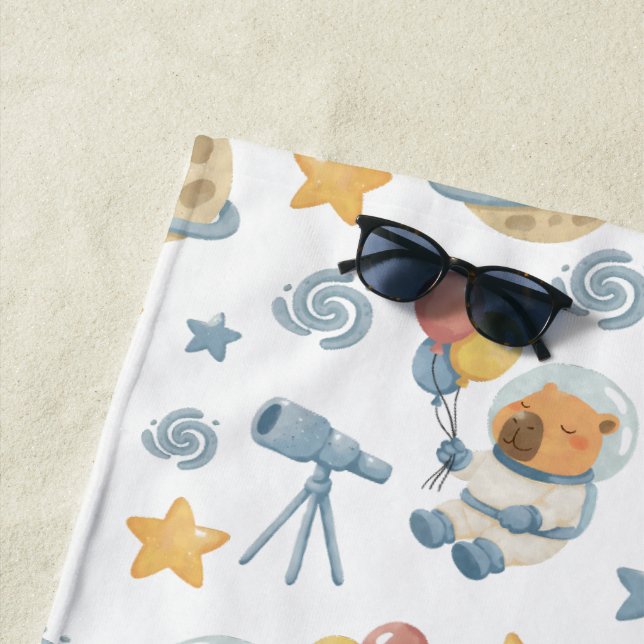 Capybara Astronaut Pattern Beach Towel (In Situ)