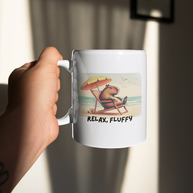 Capybara at beach says: Relax, Fluffy Coffee Mug (Creator Uploaded)