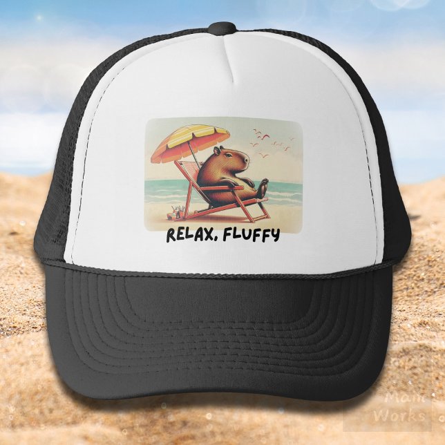 Capybara at beach says: Relax, Fluffy Trucker Hat (Creator Uploaded)