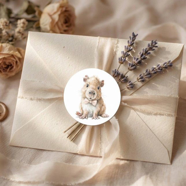 Capybara Baby Shower  Classic Round Sticker (soft neutral sticker with baby capybara bow tie on beige envelope with lavender accents)