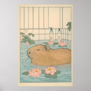 Capybara Bath Print Japanese Ukiyo-e Animal Art