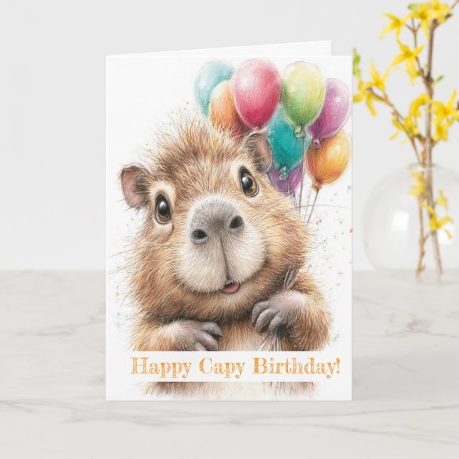 Capybara Birthday Card • Cute Balloon Design (Yellow Flower)