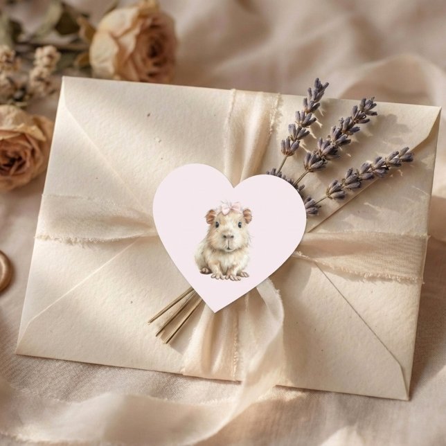 Capybara Birthday Heart Sticker (heart sticker with cute capybara on cream envelope with lavender and soft fabric background)