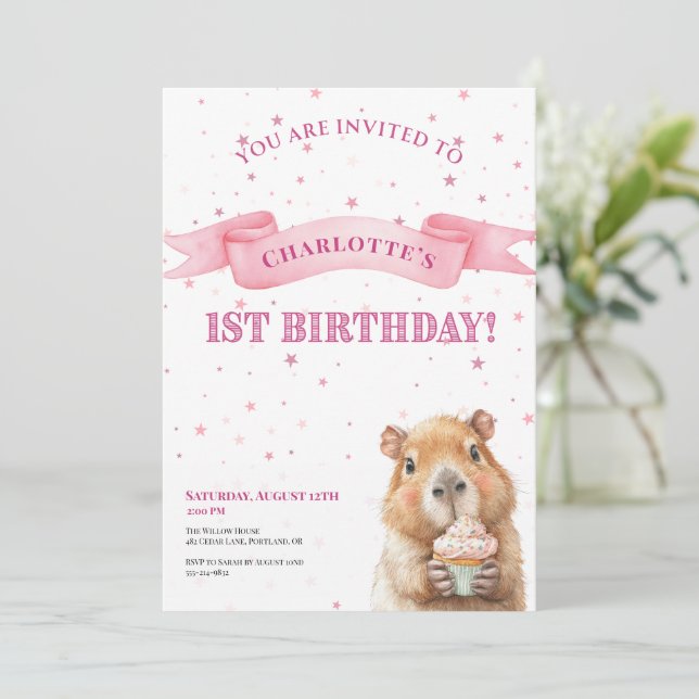 Capybara Birthday Invitation • Cute First Birthday (Standing Front)