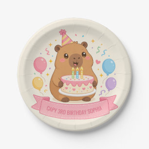 Capybara Capy 3rd Birthday Girl Name Pink Ribbon Paper Plate