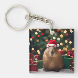 "Capybara Claus: A Festive Bokeh Wonderland" Keychain