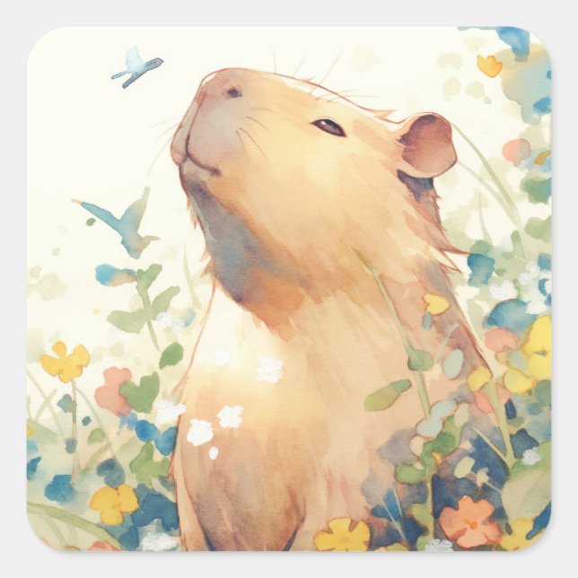 Capybara Daydream in the Meadow Square Sticker (Front)