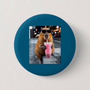 Capybara drinking iced boba tea funny animal meme 2 inch round button