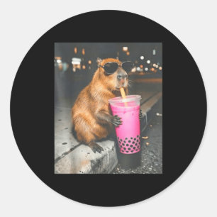 Capybara drinking iced boba tea funny animal meme classic round sticker