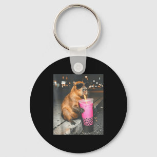 Capybara drinking iced boba tea funny animal meme keychain