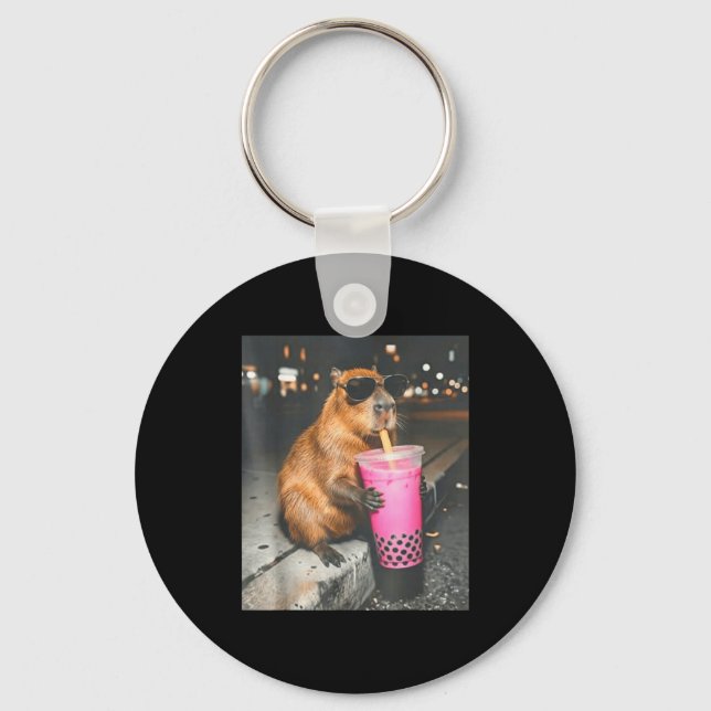 Capybara drinking iced boba tea funny animal meme keychain (Front)