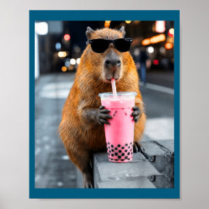 Capybara drinking iced boba tea funny animal meme poster