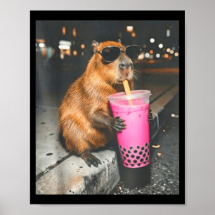 Capybara drinking iced boba tea funny animal meme poster